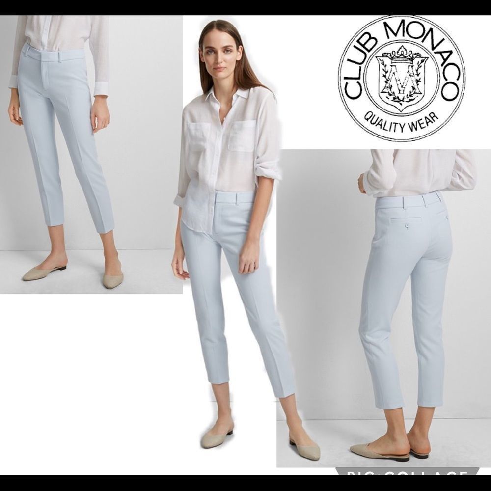CLUB Monaco Remi mid-rise cropped slim fit trouser textured pants blue Sz 4🇨🇦
